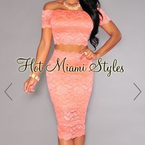 Coral Lace Off-The-Shoulder Two Piece Set